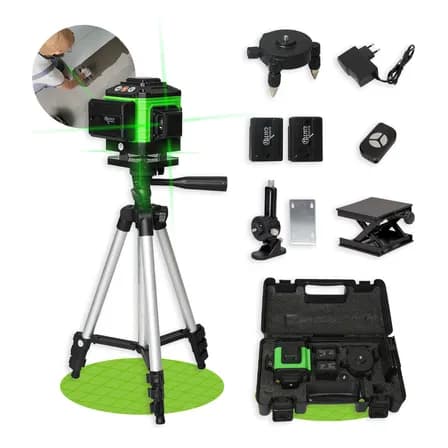 Foto de Kit Nível A Laser Verde 12 Linhas Esquadro + Suporte + Tripé Recarregavel Profissional Prumo Autonivelante Nano Bateria