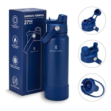 Foto de Garrafa Térmica 800ml Inox Bico Duplo Canudo Alça Esporte Azul