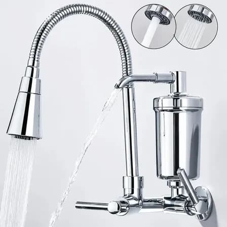 Foto de Torneira Gourmet Com Filtro Purificador de Água Flexível Pia Cozinha Bica De Parede 2 Jatos Cor Prateada Linha Premium - Marca Camperluz