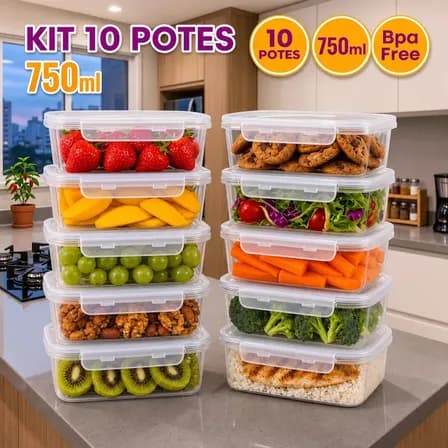 Foto de Kit 10 Potes 750ml com Tampa Trava Plástico Transparente para Mantimentos e Alimentos Marmita Organizador de Cozinha Geladeira e Freezer Jogo de Potes para Organização Ponte Lar Ut