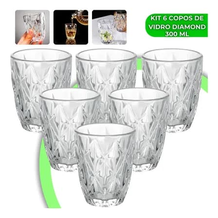 Foto de Jogo 6 Copos Diamond 300ml Vidro Grosso Diamante Luxo Moderno Resistente Buffet Casual Baixos Transparente
