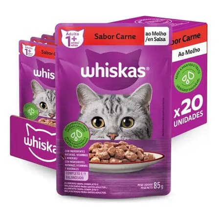 Foto de Ração Úmida Whiskas Sachê Gato Adulto Carne Ao Molho 85g 20 Unidades