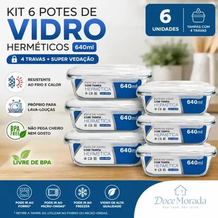 Foto de Potes Hermético Vidro 640ml Marmita Forno Micro-ondas Air Fryer Fitness Kit 6 com 4 Travas