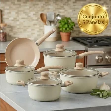 Foto de Jogo de Panelas Antiaderente 5 Peças Indução Revestimento Cerâmico Cozinha Frigideira Creme Pítia