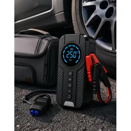 Foto de Auxiliar De Partida Para Carro Compressor De Ar Portátil 12V 4 funções em 1 Inflador Digital Calibrador De Pneu Power Bank Lanterna LED Emergência Automotiva Moto SUV Bicicleta Cam