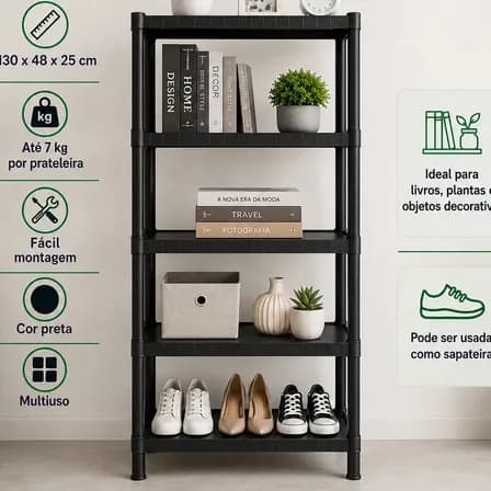 Foto de Estante Plastica Modular 5 Prateleiras Multiuso Organizadora Preta - Marianopole