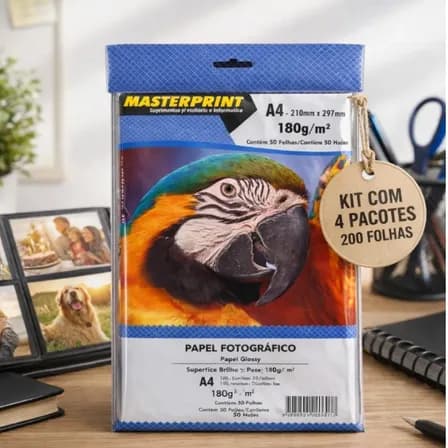 Foto de Papel Fotográfico 180g Glossy A4 Masterprint Kit 200 Folhas Branco