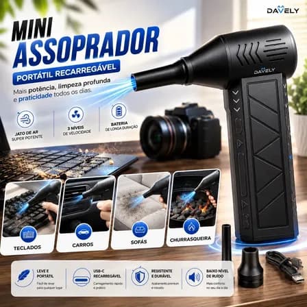 Foto de Mini Ventilador Soprador Ar Turbo 130000rpm Assoprador Sem Fio Recarregável Usb 3 Níveis Jato Forte Portátil Multiuso Limpeza Teclado Carro Acende Churrasqueira Davely