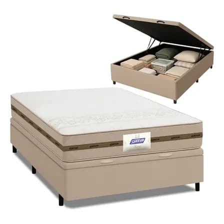 Foto de Cama Box Baú Casal Colchão Gazin Molas Flora Bege 138x188x63cm