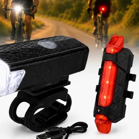 Foto de Kit Farol e Lanterna Premium Para Bicicleta Potente Recarregável Led Bike Ciclismo USB 400 Lúmens Prova D'Água Comica