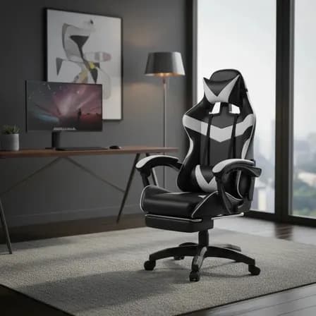 Foto de Cadeira De Escritório Gamer Nitro Ergonômica Estofado Couro Sintético Reclinável Altura Ajustável Apoio Para Pés Cor Branco Luvinco