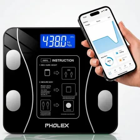 Foto de Balança Digital Corporal Bioimpedância Pholex Com Aplicativo Bluetooth Android e iOS Vidro Temperado Alta Capacidade Balança Academia Personal Banheiro Homologada Anatel
