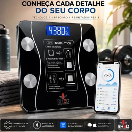 Foto de Balança Digital Bioimpedância Profissional smart imc 180kg Bluetooth Corporal Aparelho Alta Capacidade aplicativo App para Android e para IOS Balança De Banheiro Academia