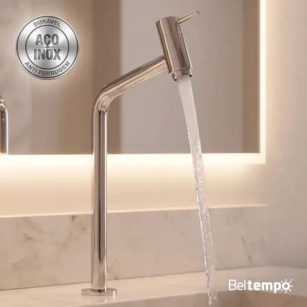 Foto de Torneira Banheiro Lavabo Bica Alta Bancada Inox Cromada Link 45° Beltempo