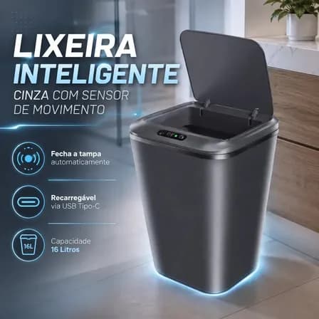 Foto de Lixeira Inteligente Automática Cinza Universal Com Sensor Recarregável Earman Company Anti Odor 16l Recarregável Usb