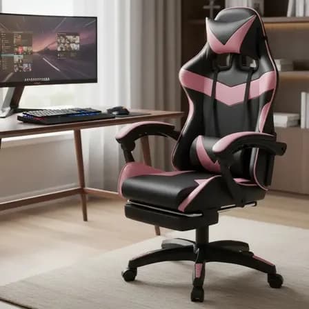 Foto de Cadeira De Escritório Gamer Nitro Ergonômica Estofado Couro Sintético Reclinável Altura Ajustável Apoio Para Pés Cor Rosa Luvinco