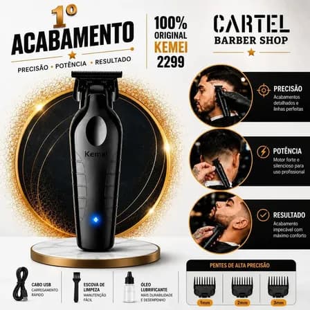 Foto de Máquina de Cortar Cabelo Acabamento Pezinho Barba Kemei KM-2299 Sem Fio Profissional Com Carregamento USB Cartel Barber Shop