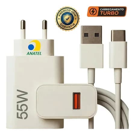 Foto de Carregador Turbo 55w USB-C Com Cabo Tipo C 1 Metro Fonte Bivolt 110v/220v, Carregamento Rápido Fast Charge, Ideal Para Celular Android, Compatível Com iPhone Samsung Motorola Xiaom