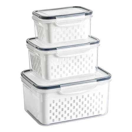 Foto de Kit 3 Organizadores Geladeira Alimentos Vegetais Com Tampas Branco