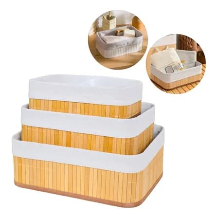 Foto de Kit 3 Cestos Organizador De Bambu Multiuso Com Forro