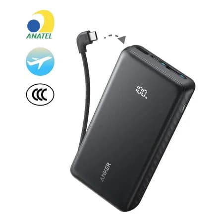 Foto de Carregador Portátil Power Bank Anker 20000mAh Carga Turbo 22.5W Cabo USB-C Integrado Para iPhone 17/16/15/14, Samsung Galaxy, Motorola, Xiaomi, Poco, Oppo, Airpods, Display Digital