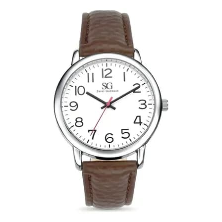 Foto de Relógio Masculino Chrowl Prateado Saint Germain Correia De Couro Marrom Caixa Prateada Fundo Branco 40mm Elegante Clássico