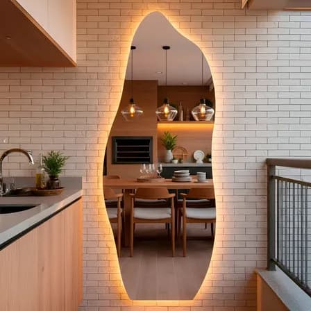Foto de Espelho Orgânico com LED 170x70 cm Ideal para Quarto, Banheiro, Escritório, Hall e Sala - Modelo Flame com Iluminação LED Quente, Perfeito para Ambientes com Decoração Moderna