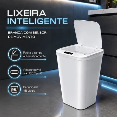 Foto de Lixeira Inteligente Automática Branca Universal Com Sensor Recarregável Earman Company Anti Odor 16l Recarregável Usb