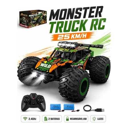 Foto de Carrinho Controle Remoto 2.4Ghz Off Road Monster Truck Alta Velocidade 25km/h Resistente Super Rápido Recarregavel Com 2 Baterias Kizumba