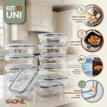 Foto de Kit 10 Pote De Vidro Marmita Hermético 640ml Freezer Fitness Rishon