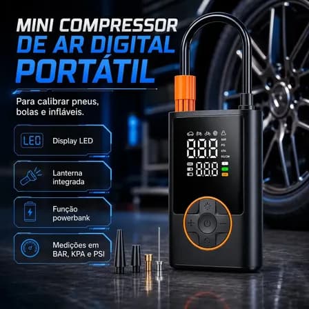 Foto de Compressor Portátil Car Air Pump Digital Com Visor Para Carro Moto Bike Calibrador De Pneu Multifuncional
