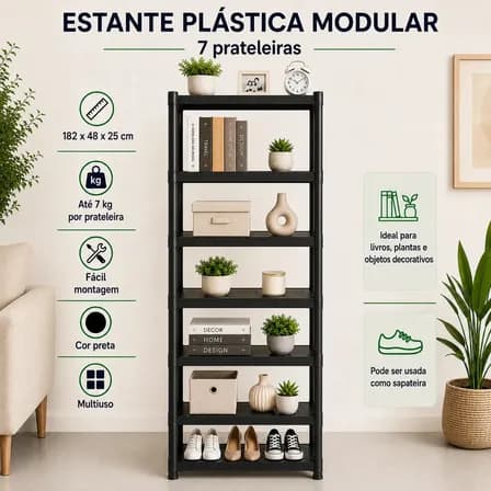 Foto de Estante Plástica Modular Multiuso Preta 7 Prateleiras Organizadora Para Livros Plantas Objetos Decorativos