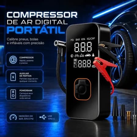 Foto de Bomba Elétrica Portátil Digital Para Encher Pneu De Carro Moto Bicicleta Inflador Automotivo Cor Preto