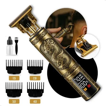 Foto de Maquina De Cortar Cabelo Barbear Sem Fio Maquininha Dragão Elétrica Aparador De Pelos Acabamento Depilador 4 Pentes Intimo Masculino Motor Recarregável Usb Tipo C Dourado Nixzen