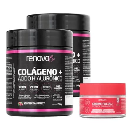 Foto de Kit 2x Colágeno + Ácido Hialurônico Verisol Renova Be Colágeno Hidrolisado Zero Lactose Vitaminas E, C, B6 Biotina e Zinco + Creme