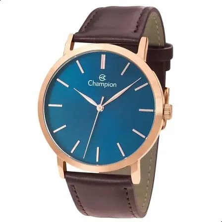Foto de Relógio Champion Masculino Analógico Rose Gold com Pulseira de Couro Marrom e Mostrador Azul
