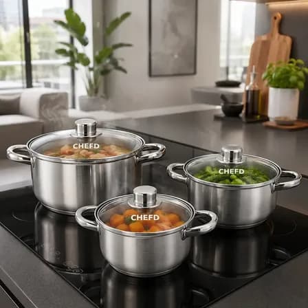 Foto de Jogo de Panelas Chef D Inox 3 Peças com Tampa de Vidro p/ Indução