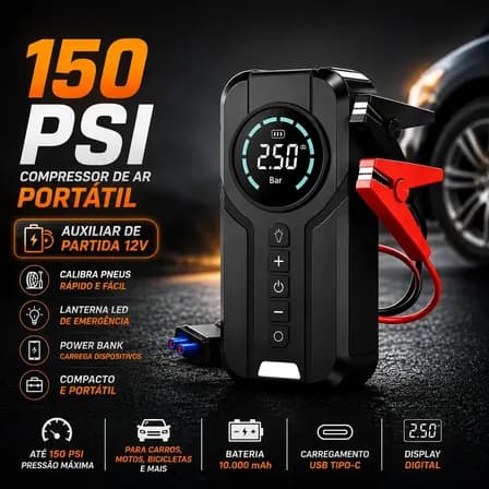 Foto de Compressor de Ar Portátil 150 PSI para Carro com Auxiliar de Partida 12V Inflador Calibrador de Pneus Digital Power Bank Lanterna LED para Moto Bicicleta Emergência