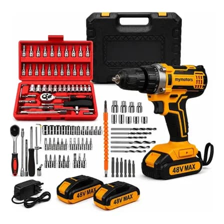Foto de Parafusadeira Furadeira De Impacto 2 Baterias + Kit 46 Peças Amarelo 127/220v 50hz/60hz
