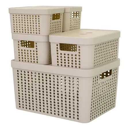 Foto de Kit 5 Caixas Organizadoras 2l 4,5l 17l Com Tampa Multiuso Cor Bege