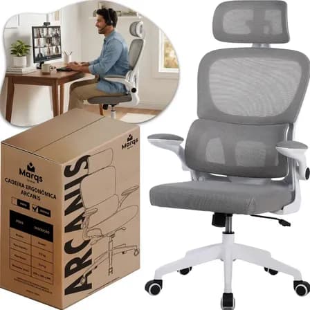 Foto de Cadeira Escritório Presidente Ergonômica NR17 Marqs Home Arcanis Cinza com Apoio Lombar e Encosto Mesh Premium