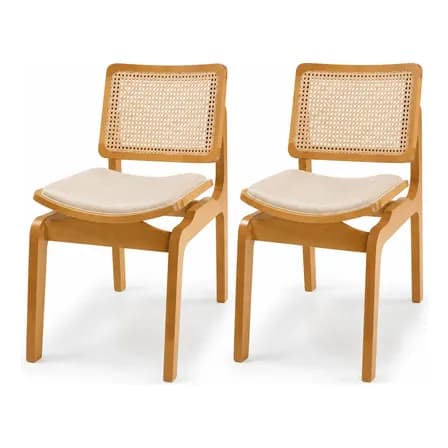 Foto de Kit 2 Cadeira Para Sala De Jantar Madeira Maciça Rattan Couro Sintético Amêndoa Bege/palha