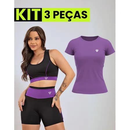 Foto de Kit Conjunto Fitness Feminino + Camiseta Roupa Academia Roxo Liso Gg