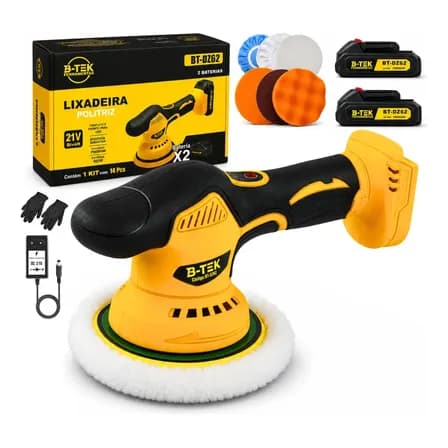 Foto de Politriz Roto Orbital a Bateria 21V Velocidade Variável 600W Estética Automotiva B-Tek BT-DZ62 | Kit Boinas Prato Polimento Carro Máquina de Polir 2 Baterias Sem Fio Brushless 2000