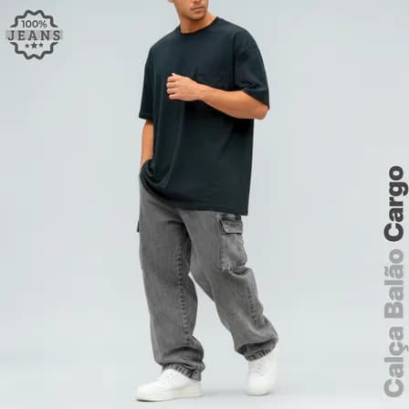 Foto de Calça Jeans Cargo Masculina Streetwear Preta Mescla 34 Ao 44