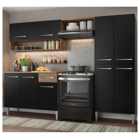 Foto de Armário de cozinha modulada completa compacta Emilly pop com armário e balcão cor rustic/preto GREM229002
