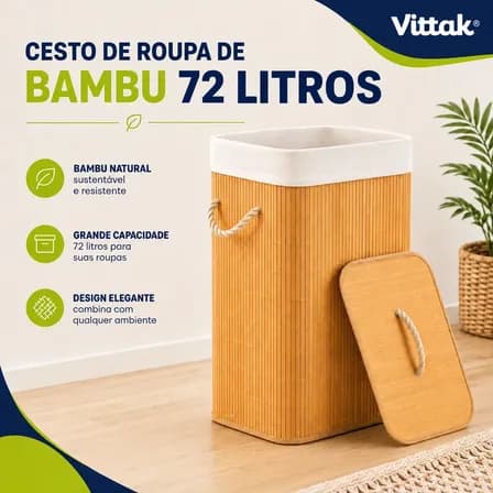 Foto de Vittak Cesto De Roupa Bambu 72 Litros Dobrável Retangular Com Tampa E Forro