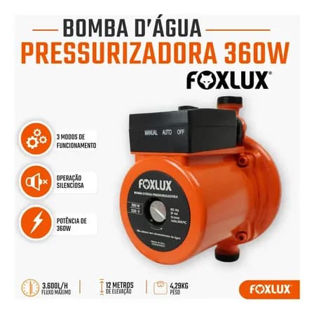 Foto de Bomba Pressurizadora de Água Foxlux 360W 220V 3600L/h 12mca