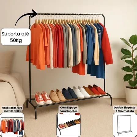 Foto de Cabideiro Arara De Roupas De Chão Com Sapateira Inclusa Moderno Loja Quarto Organizador Em Aço Suporta 50kg Preto