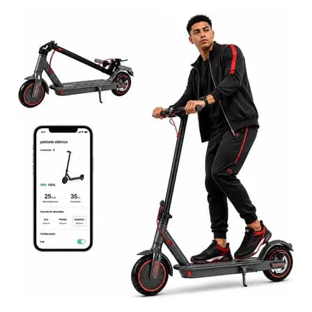 Foto de Patinete Elétrico Com Amortecedor E App Gps Bateria Dobrável Preto Com Vermelho